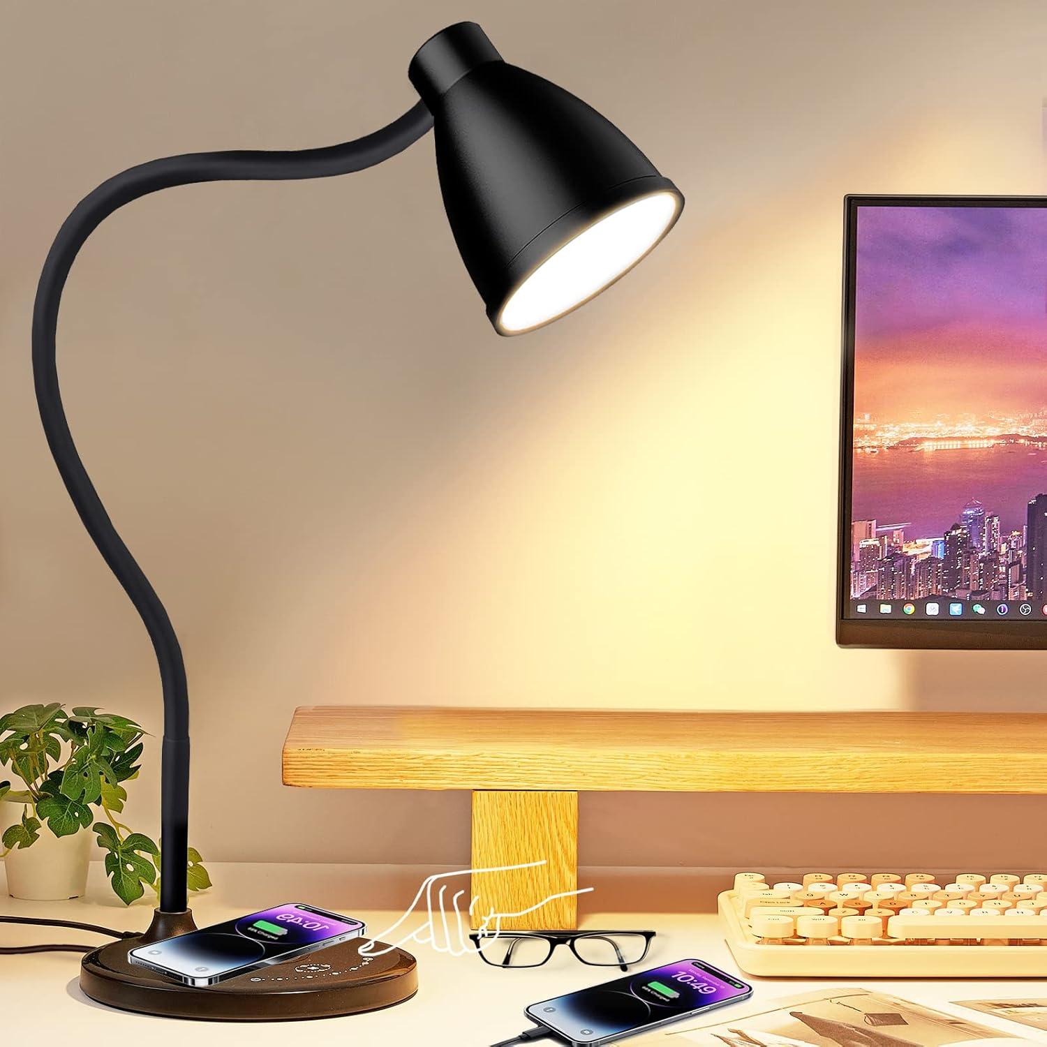 Lampe de bureau avec port de charge USB ; Lampe de table Chargeur sans fil ; Lampe de dortoir 5 couleurs 7 niveaux de luminosité ; Lampes de table de chevet tactiles ; Lampe de lecture à col de cygne pour bureau ou à domicile